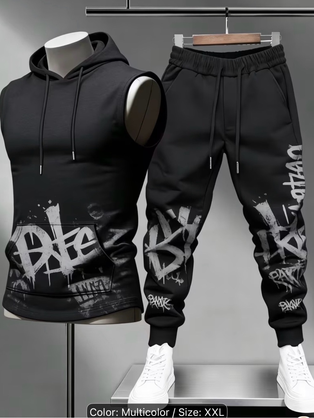 Men's Black Graffiti Jogger Pants & Sleeveless Hoodie Set